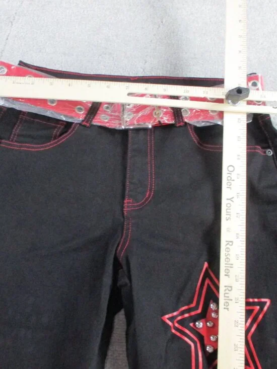 Social Collision Jeans Size 5 Red Star Studded Black Flare Belted Goth Y2K NWT - Picture 6 of 12